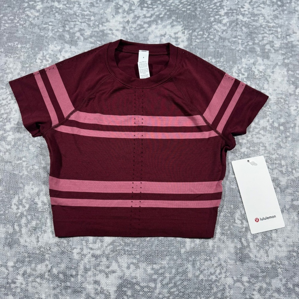 Lululemon Swiftly Tech Cropped Tee 2.0 Women 4 Cassis Pink Striped Athletic Top